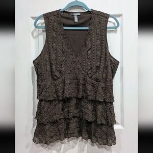 Womens Babydoll Lace Tiered Top Brown Size 1X Stretch Lined Sleeveless Y2K Fairy